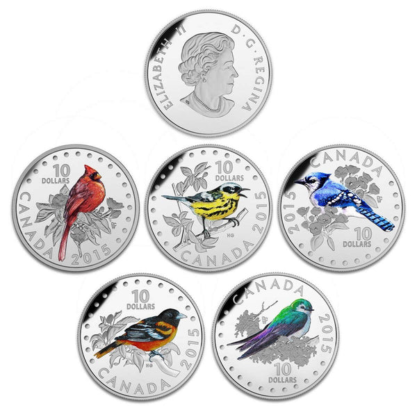 2015 $10 Colourful Songbirds of Canada - 5 Coin + Display Case Pure Si
